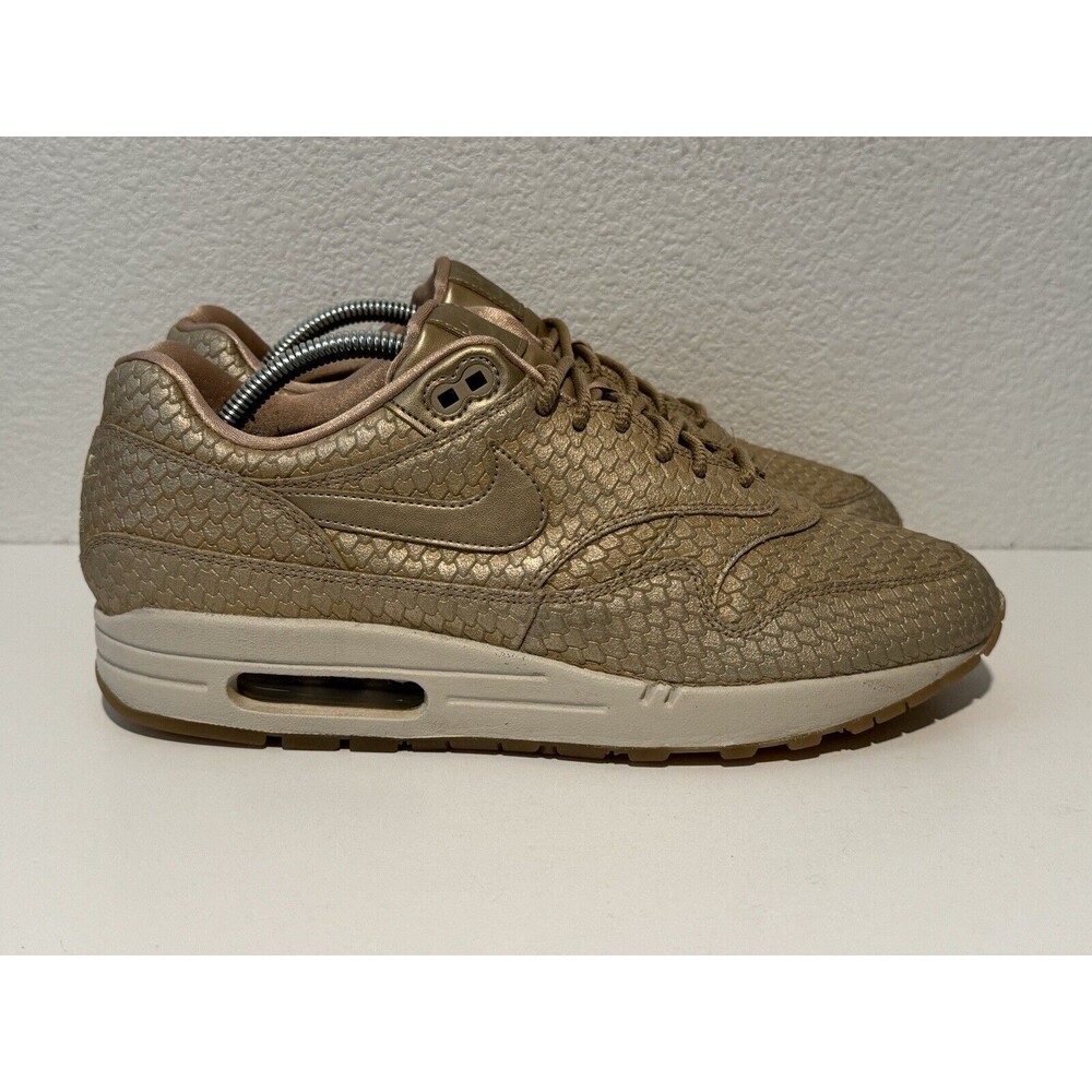 Nike Air Max 1 Womens Running Shoes Sz 12 Premium Gold Fish Sneakers 454746-900 - Picture 9 of 16